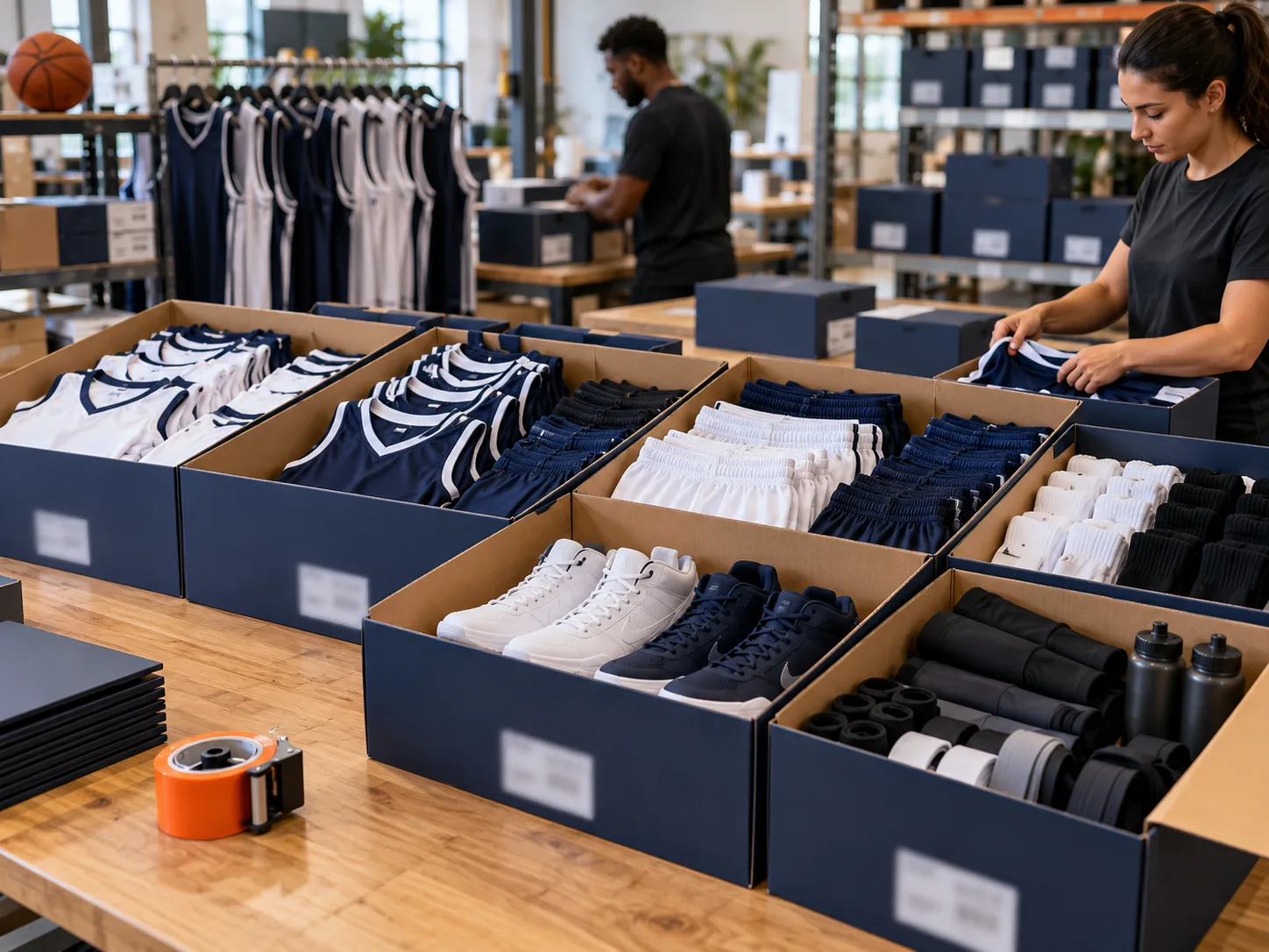 Basketball packaging and fulfillment desk