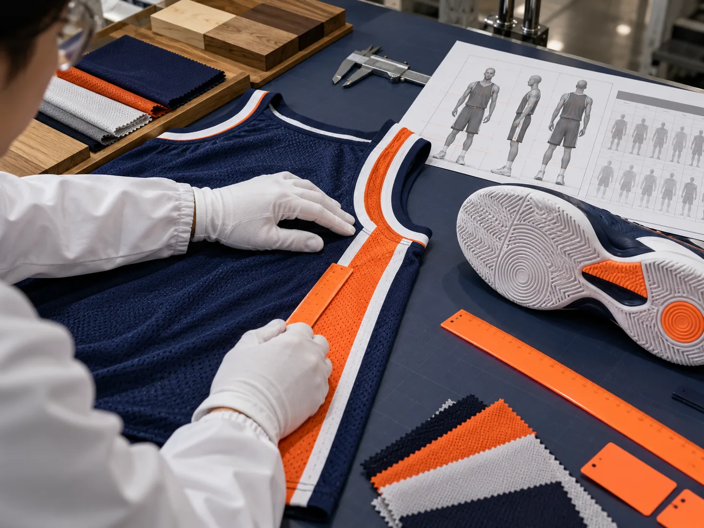Technician inspecting team gear at a quality desk
